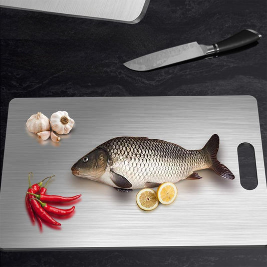 3 Pièces Planche à Découper en Titane, 304 Double Face Planche a Découper En Acier Inoxydabl BPA-frei de Alimentaire, Cutting Board pour Viande Fromage Légumes Fruit (29x20cm 34x23cm 39x28cm)