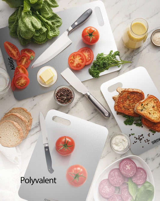 Lot de 3 Planches à Découper Titane Alimentaire Double Face, Planche à Découper Cuisine Robuste et Hygiénique, Résistante à la Chaleur, Compatible Lave-Vaisselle, pour Viande, Pain, Légumes et Fromage